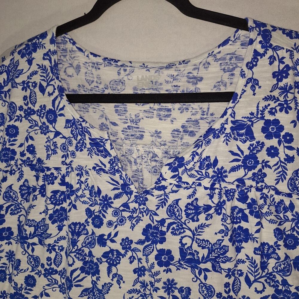 Lands End Tunic Womens Sz M Blue Floral Damask Pattern Peasant Top Boho Chic EUC - Picture 7 of 12